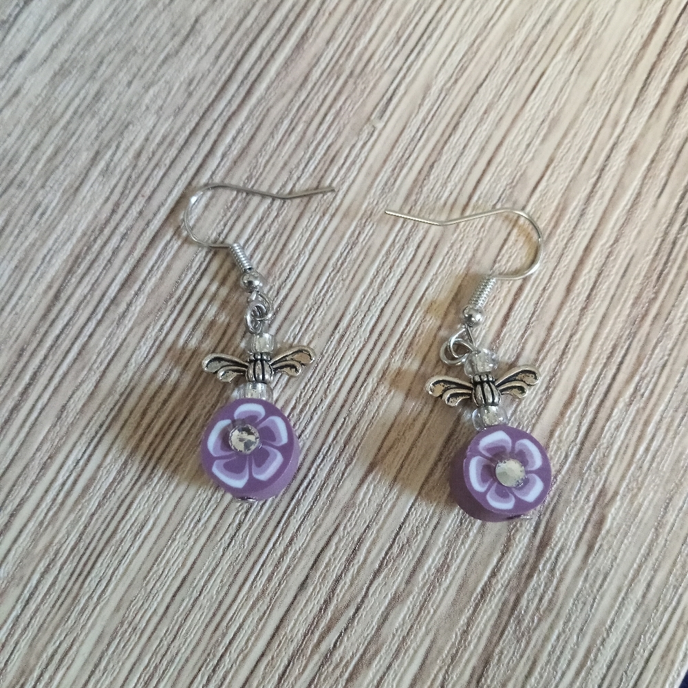 Hand Crafted New crystal angel and purple flower rhinestone statement earrings